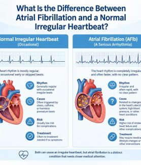 Medical illustration comparing atrial fibrillation with a normal heartbeat, showing irregular electrical activity in the heart.