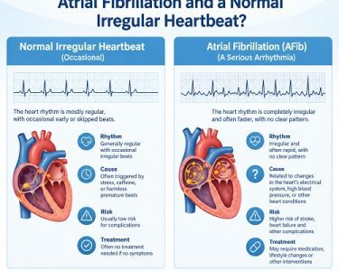Medical illustration comparing atrial fibrillation with a normal heartbeat, showing irregular electrical activity in the heart.