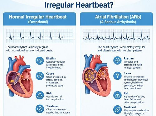 Medical illustration comparing atrial fibrillation with a normal heartbeat, showing irregular electrical activity in the heart.