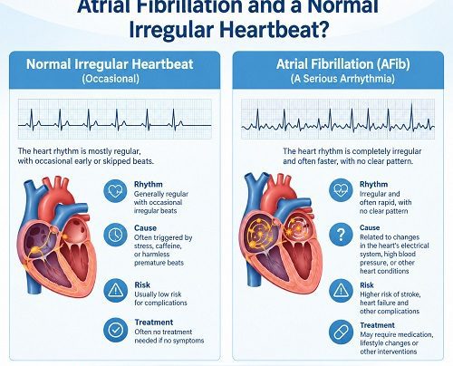 Medical illustration comparing atrial fibrillation with a normal heartbeat, showing irregular electrical activity in the heart.