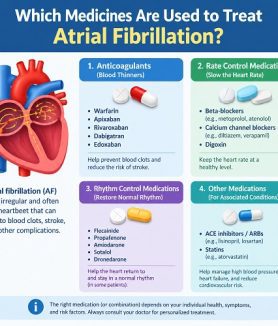 Cardiologist explaining atrial fibrillation medications for heart rate control, rhythm management, and stroke prevention.