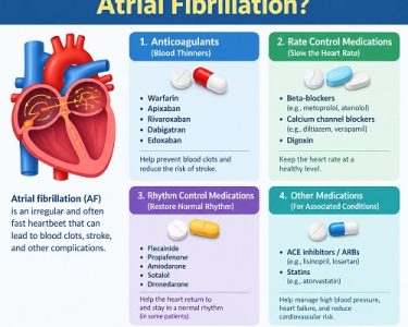 Cardiologist explaining atrial fibrillation medications for heart rate control, rhythm management, and stroke prevention.